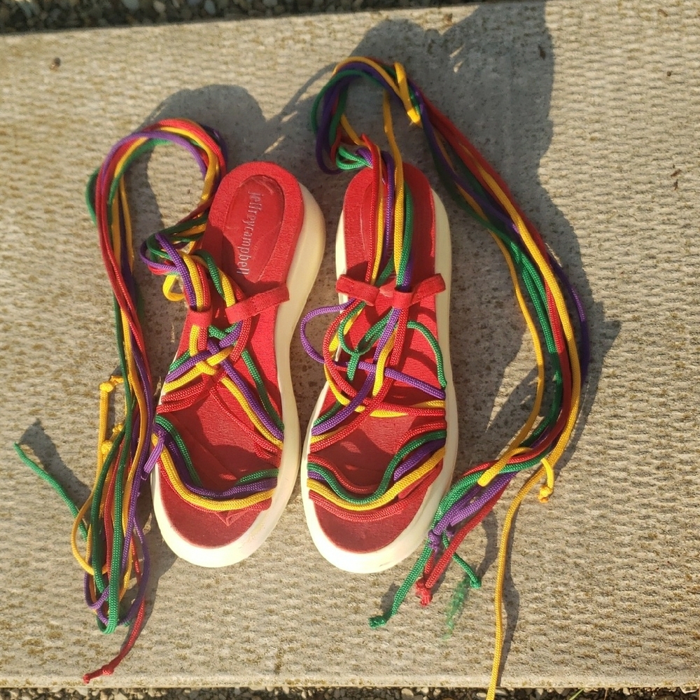 Jeffrey Campbell Red and Rainbow Lace Up Sandals